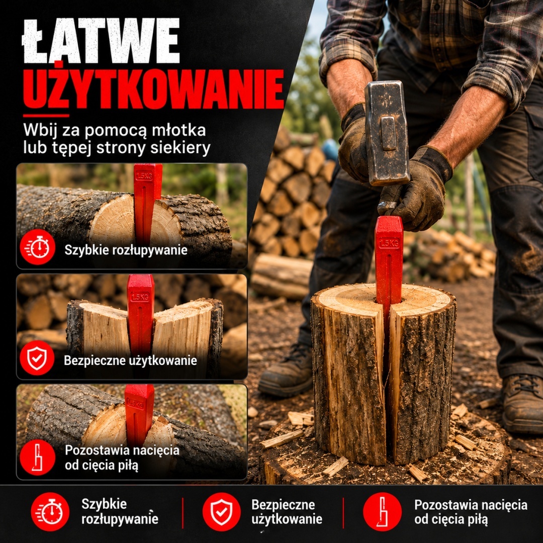 Klínek na dřevo štípací 1,5 kg silný odolný ocelový Červený M18734